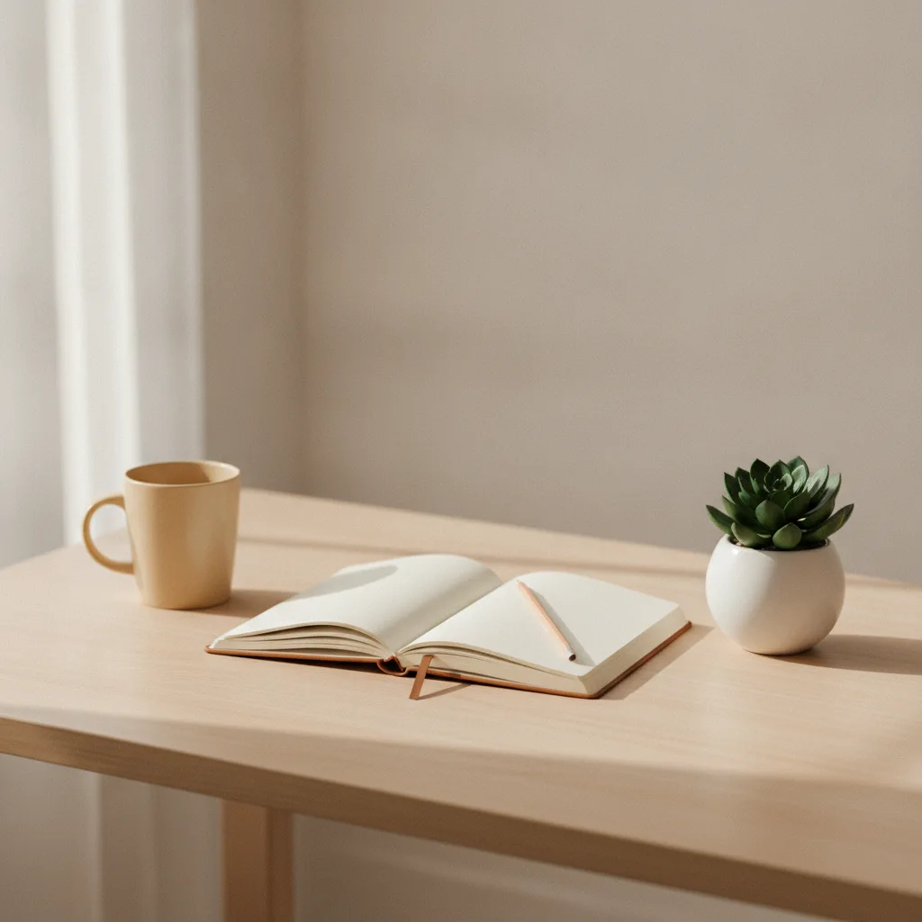A tidy desk with a notepad, a potted plant and morning light through a window
