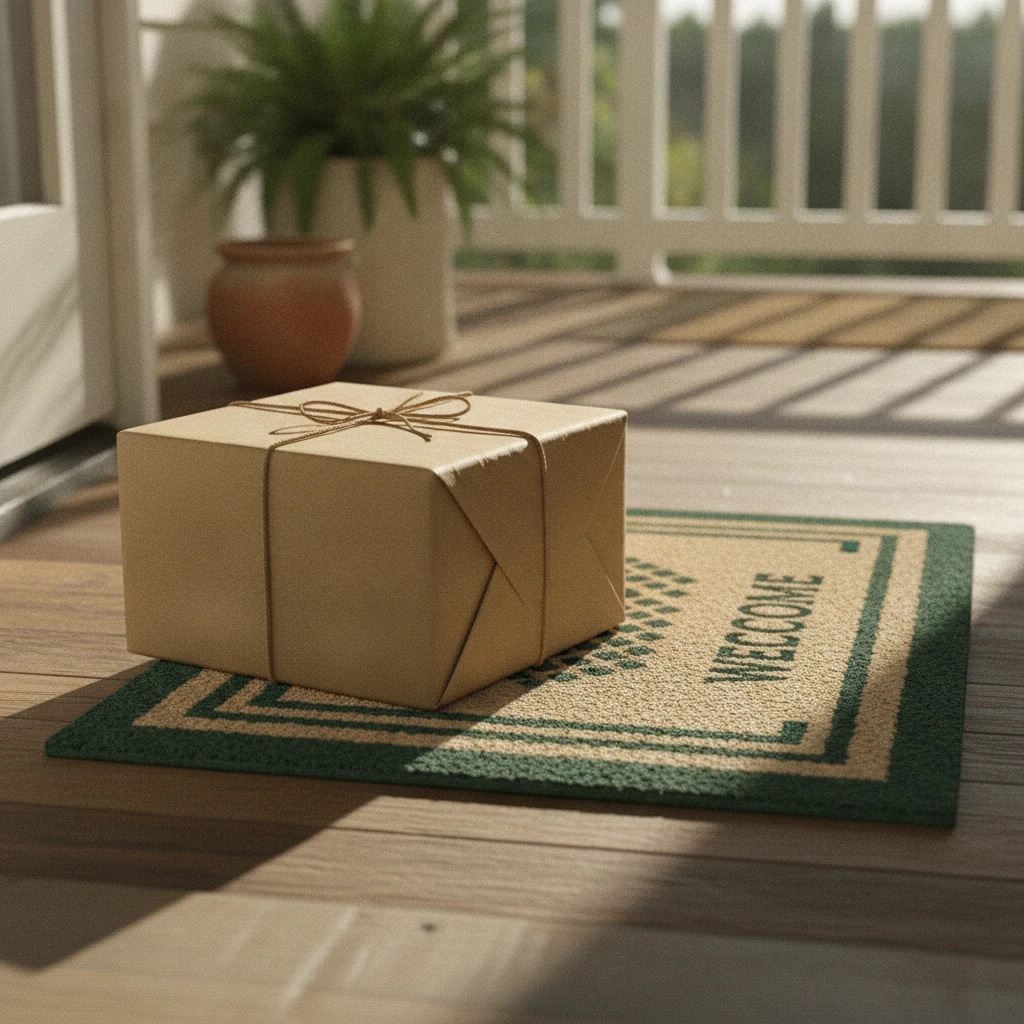 A neatly wrapped kraft parcel placed on a doorstep next to a welcome mat