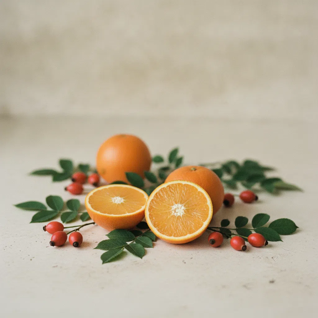 Fresh oranges, rosehip berries and green leaves arranged on a pale stone surface