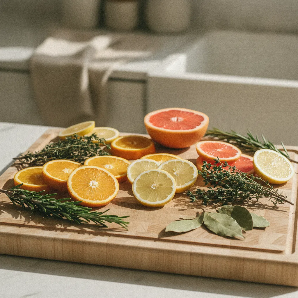 Sliced citrus fruits and dried herbs on a pale wooden board - natural Vitamin C sources