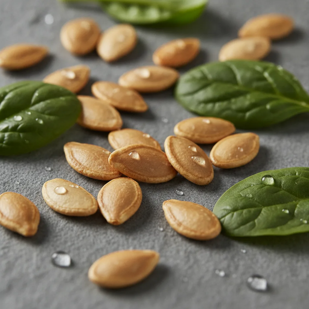 Pumpkin seeds and dark leafy greens on a stone surface - natural magnesium and zinc sources