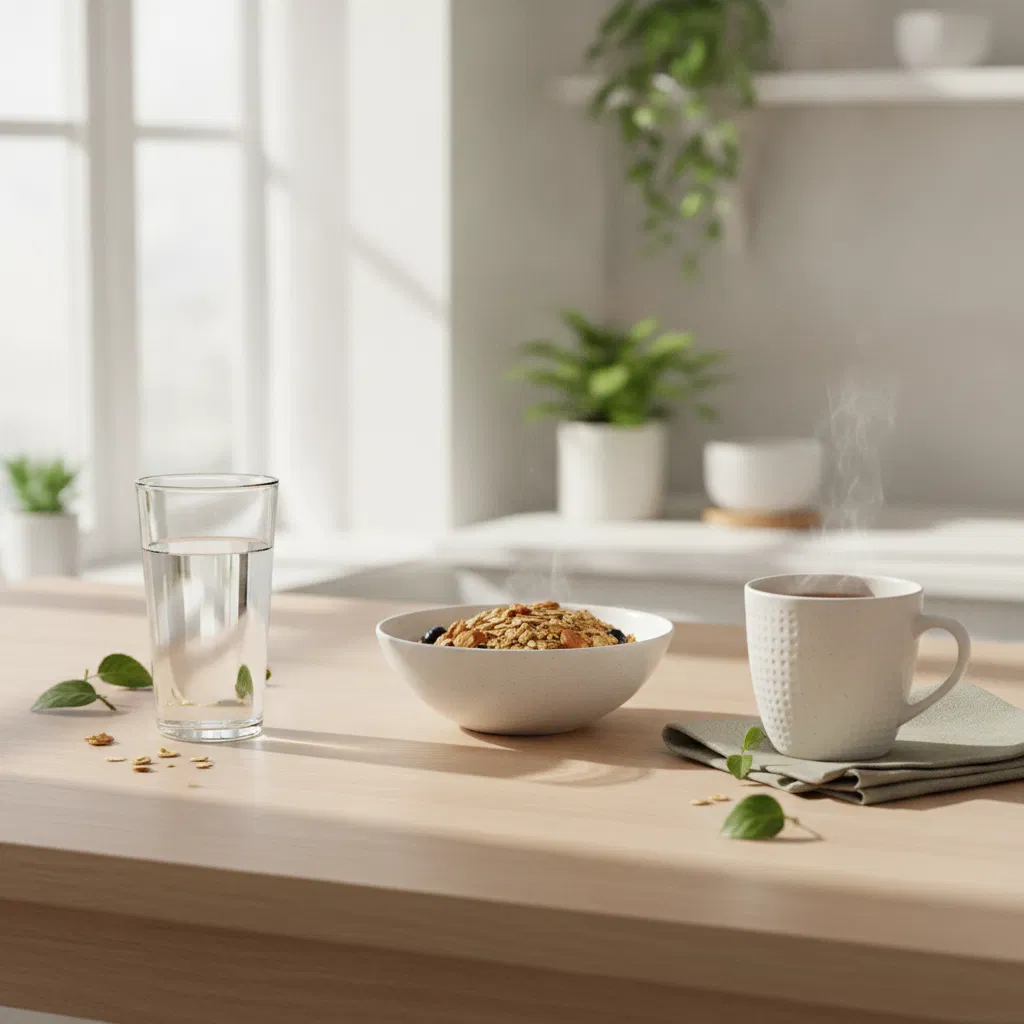 A bright kitchen table with a glass of water, a bowl of granola and morning light through a window