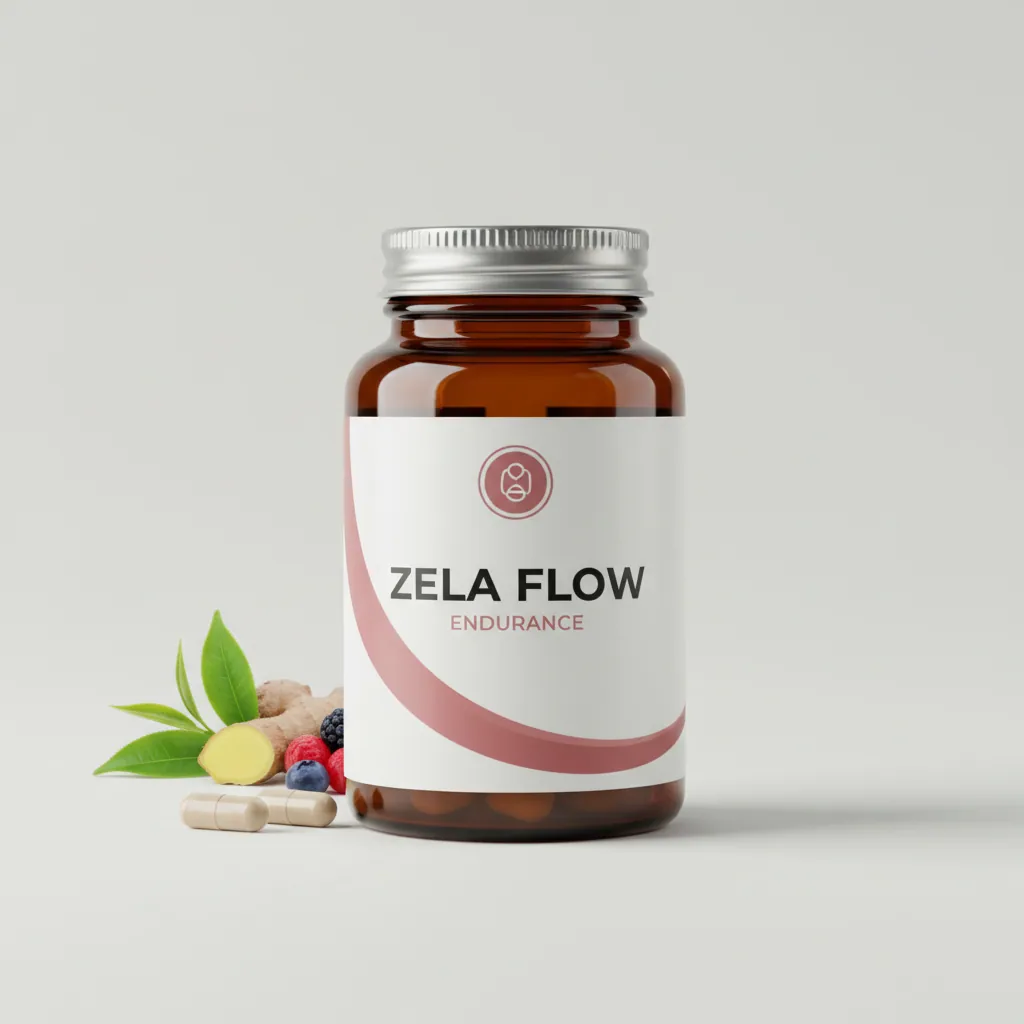 Zela Flow Endurance amber glass supplement jar with black lid and branded label